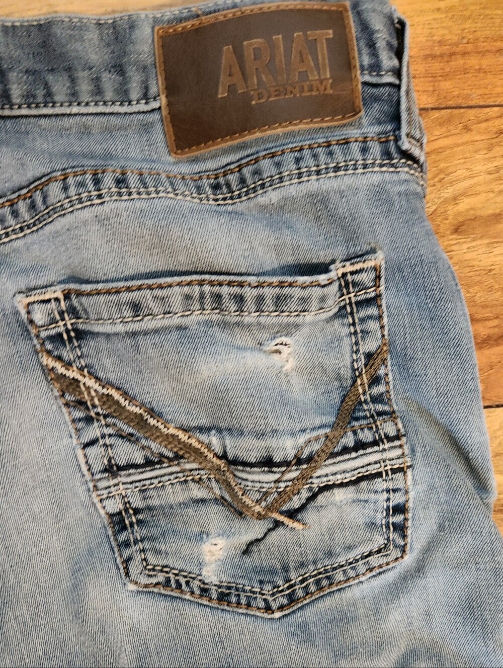 Ariat Light Blue Denim Cutoff Shorts with Brown Patch & Stitching ,size 34